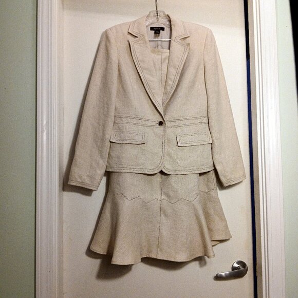 100%  Linen Blazer & Long Midi Skirt Suit with Peplum Flare Hem  Details Galore! - Picture 1 of 11